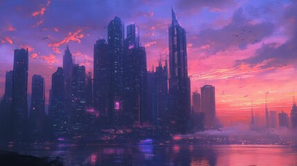 Fototapeta premium Futuristic Cityscape at Sunset Over Water
