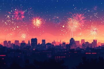 Fototapeta premium Festive Fireworks Display Over City Skyline at Dusk