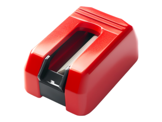 A close-up of a red tape dispenser on isolated on transparent background, PNG, cut out, ready for action with its sleek design and sharp cutting edge ready to tackle any task