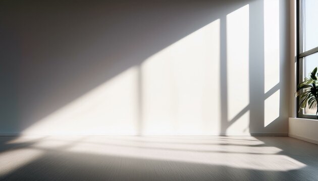 sunlight shadows on a white wall and floor background backdrop banner image with window for online presentations and zoom meetings idea for copy space