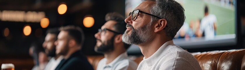 A group of men intently watching a sports game in a lively bar setting, showcasing a mix of emotions and camaraderie.
