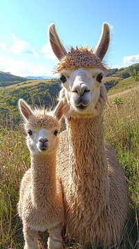 Two delightful alpacas stand together on a lush hillside, basking in the warm sunlight. The adult proudly gazes while the playful cria mimics its parent's expression against a stunning backdrop