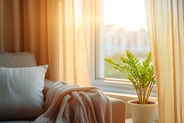 Sunlight streams through sheer curtains onto cozy living room corner illuminating comfy sofa and potted plant