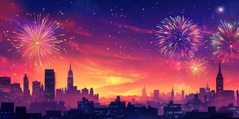 Fototapeta premium Festive Fireworks Display Over City Skyline at Night