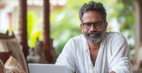 man with beard and glasses smiles while using laptop outdoors