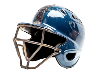 Batter's used baseball helmet with facemask isolated on transparent background, PNG, cut out