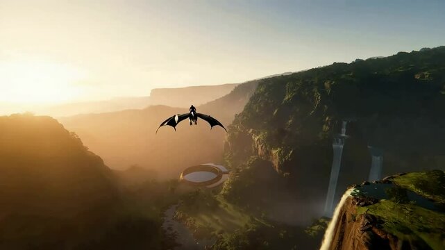 Man Riding Dragon Soaring Over Lush Valley
