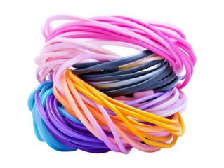 A colorful and vibrant collection of rubber bands in various shades arranged in a tangled heap, capturing a playful and whimsical aspect of everyday objects, isolated on transparent background, PNG 