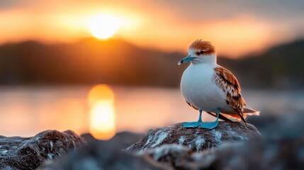 A coastal bird stands elegantly on a rock, illuminated by a stunning orange sunset, perfectly embodying the tranquility and beauty of beachside wildlife moments.