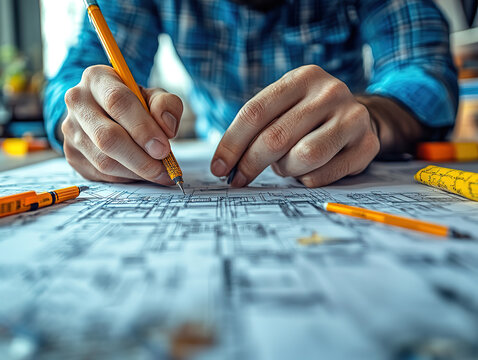 Interior Architect Drawing and Choosing Materials in a Creative Studio