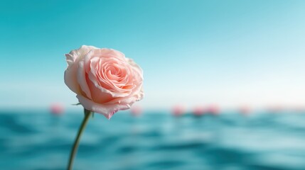 An isolated rose stands tall against a unique blue sea background, combining natural beauty with tranquil vibes, creating a serene and artistic floral composition.