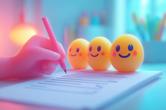Hand Pointing at Checklist Smiley Faces Customer Experience Satisfaction Rating Survey