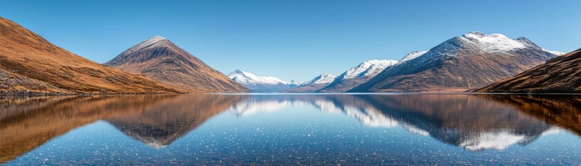 Obraz premium A serene mountain landscape with a clear blue sky and a reflective lake surrounded by snow-capped peaks.