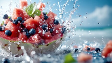 Exciting water droplets burst around a bowl filled with juicy watermelon and blueberries, emphasizing freshness and summer vibes in a visually appealing setup.