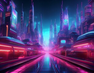cyberpunk neon city night futuristic city scene backdrop wallpaper retro future 3d illustration urban sci fi scene