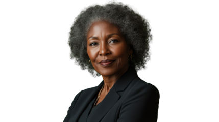 Confident senior businesswoman smiling with folded arms on transparent background