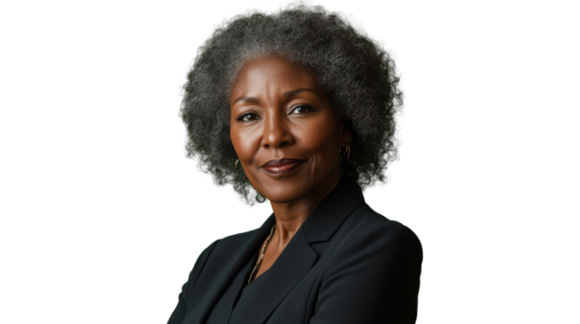 Confident senior businesswoman smiling with folded arms on transparent background