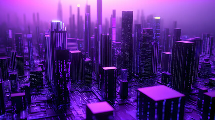 A 3D neon cityscape in violet and cyber black, futuristic and vibrant