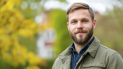 man with beard smiles outdoors, surrounded by autumn foliage