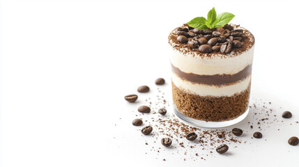 Delicious Italian tiramisu dessert with coffee beans and mint garnish