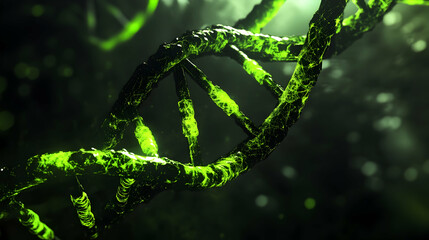 A 3D neon DNA helix in acid green and void black, scientific and glowing