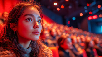 Naklejka premium A young woman watching a movie in a theater, absorbed in the scene, with red ambient lighting around