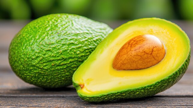 Ripe avocados on wooden table, green background. Food photography