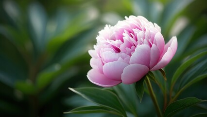 Beautiful pink peony blooming in a serene garden during the spring season