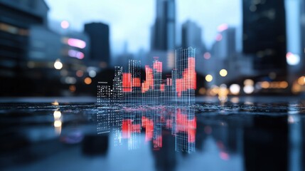 Modern Financial Data Visualization Over Cityscape at Dusk