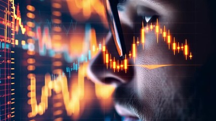 A person intensely observes stock market graphs, highlighting their deep engagement with financial data. Bright colors from the charts reflect the current market situation.