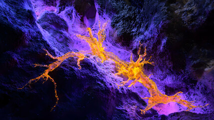 A 3D neon neuron in electric citrine and neural violet, biological and digital