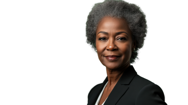 Smiling senior businesswoman with grey hair on transparent background