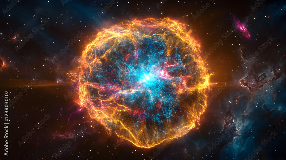 Wall mural a 3d neon supernova in gamma-ray blue and cosmic void, explosive and radiant