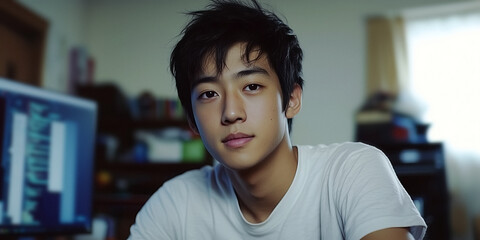 young person sits before computer screen possibly coding working on digital project focused expression hints concentration and dedication