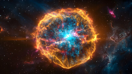 A 3D neon supernova in gamma-ray blue and cosmic void, explosive and radiant