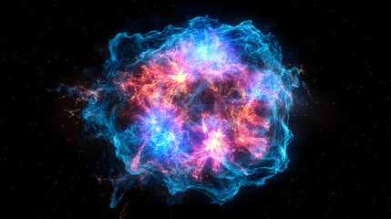 A 3D neon supernova in gamma-ray blue and cosmic void, explosive and radiant