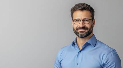Obraz premium confident man with beard and glasses wearing blue shirt, smiling