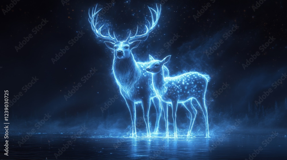 Poster enchanted luminescence: a stag and fawn illuminated by celestial light, reflecting on a tranquil, my