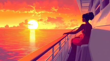 Fototapeta premium Relaxing Woman Enjoying Sunset on Yacht Over Calm Ocean Water