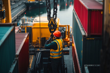 Selective focus cargo container lifting at terminal with cargo truck, Aerial view of crane with container lifting at the station.