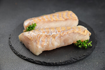 White fish raw fillet seafood fresh tasty food dish gourmet food background on the table rustic food top view copy space 