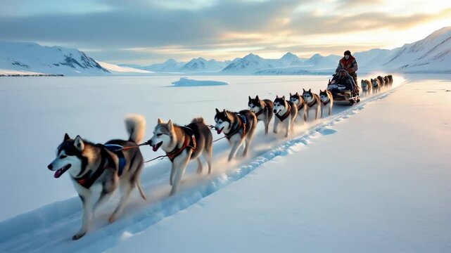 Team of husky sled dogs pulling a musher across a vast snowy Arctic landscape at sunrise. Snow, winter, dogs, northern adventure. Nature 4k video