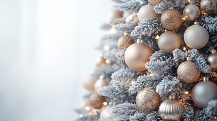 Elegant Christmas tree adorned with golden ornaments and soft lights, creating a festive atmosphere