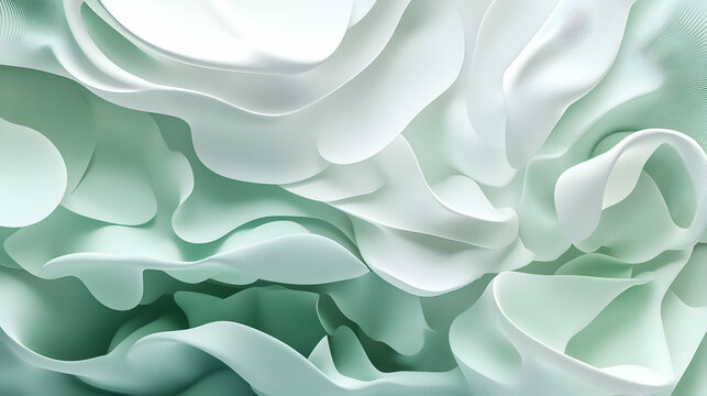 A calming 3D abstract design with a gradient of sage green and white, incorporating soft, organic forms