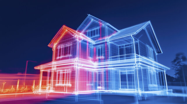 thermal image of house showcasing vibrant heat patterns and energy flow. visual highlights structure thermal efficiency and design