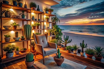 Fototapeta premium Low Light Living Room: Desert & Exotic Plants on Floating Shelves, Beach Chair