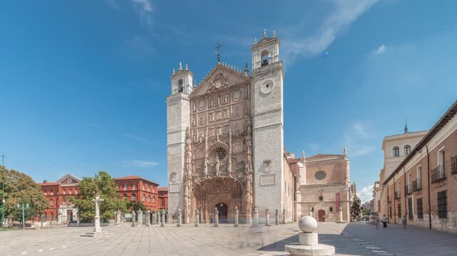 Panorama showing historic San Pablo Church in Valladolid timelapse, showcasing its intricate facade, rose window, entrance portal and twin towers. A former Dominican convent in Castilla y Leon, Spain.