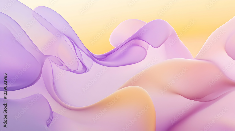 Poster a dreamy 3d abstract wavy background with a gradient of lavender and pale yellow, featuring floating