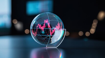 3D Glass Globe with Financial Chart and Data Visualization Display