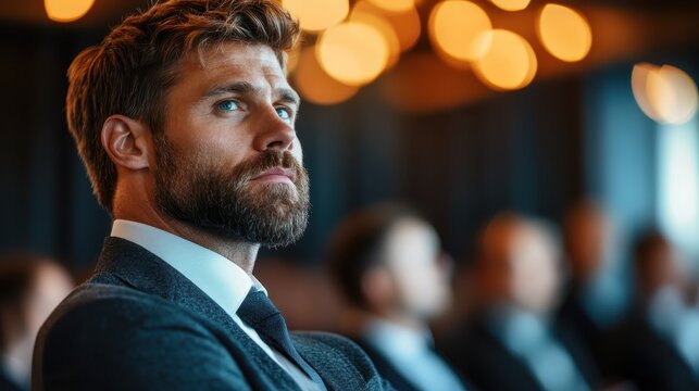 A confident, well-groomed man in a suit sits pensively, embodying professionalism and seriousness, with blurred figures of others engaged in a discussion behind him.